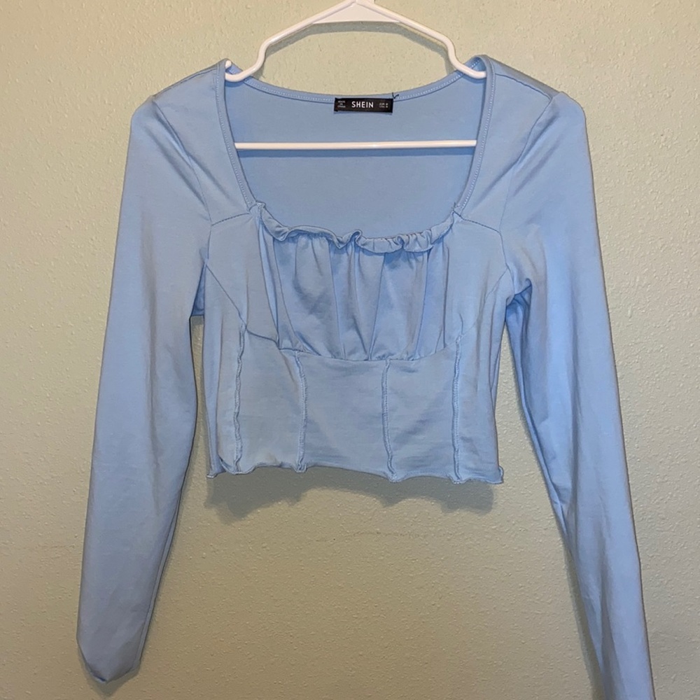 Womens Medium Blue long sleeve Crop top shein